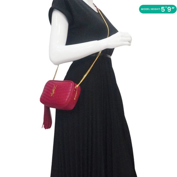 YVES SAINT LAURENT Lou Small Chevron Leather Camera Crossbody Bag Red