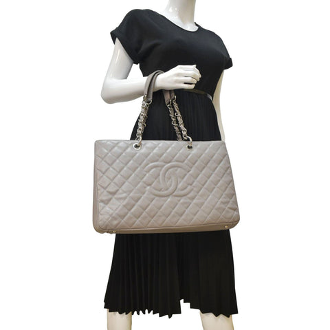 CHANEL XL Quilted Caviar Leather Shopping Tote Bag Gray