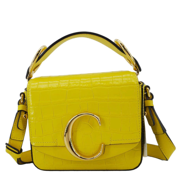 CHLOE C Flap Mini Double Carry Embossed Leather Shoulder Bag Yellow
