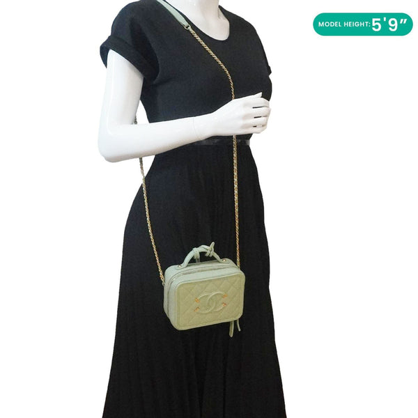 CHANEL Vanity Case Filigree CC Small Caviar Quilted Shoulder Bag Light Green