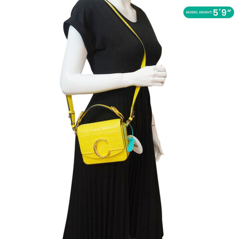 CHLOE C Flap Mini Double Carry Embossed Leather Shoulder Bag Yellow