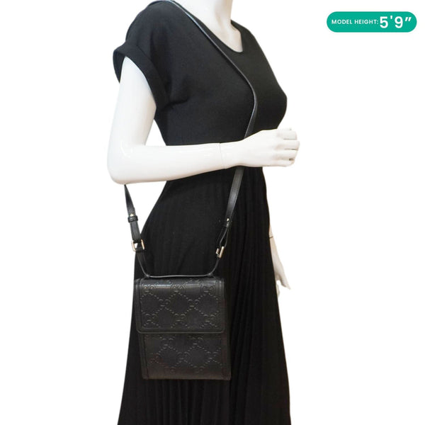 GUCCI GG Embossed Leather Messenger Bag Black 625782