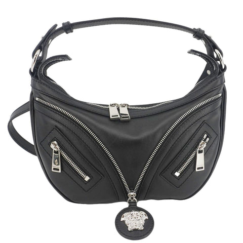 VERSACE Repeat Leather Hobo Shoulder Bag Black
