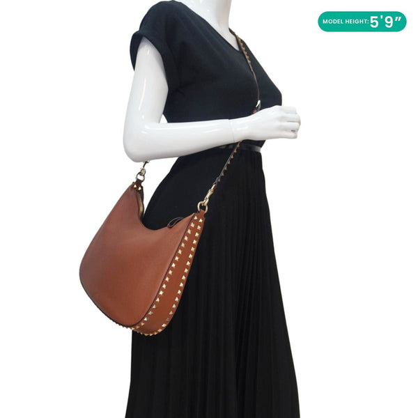 VALENTINO Garavani Rockstud Leather Hobo Bag Brown