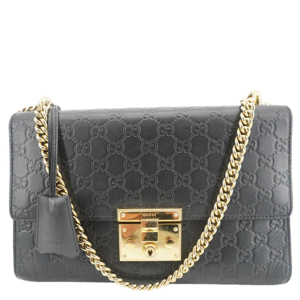 GUCCI Padlock Medium Leather Chain Shoulder Bag Black 409486