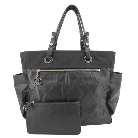 CHANEL Paris Biarritz Quilted Coated Canvas Grand Shopping Tote Bag Black