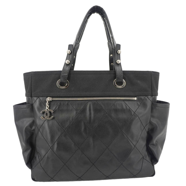 CHANEL Paris Biarritz Quilted Coated Canvas Grand Shopping Tote Bag Black