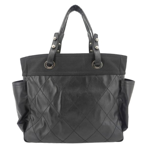 CHANEL Paris Biarritz Quilted Coated Canvas Grand Shopping Tote Bag Black