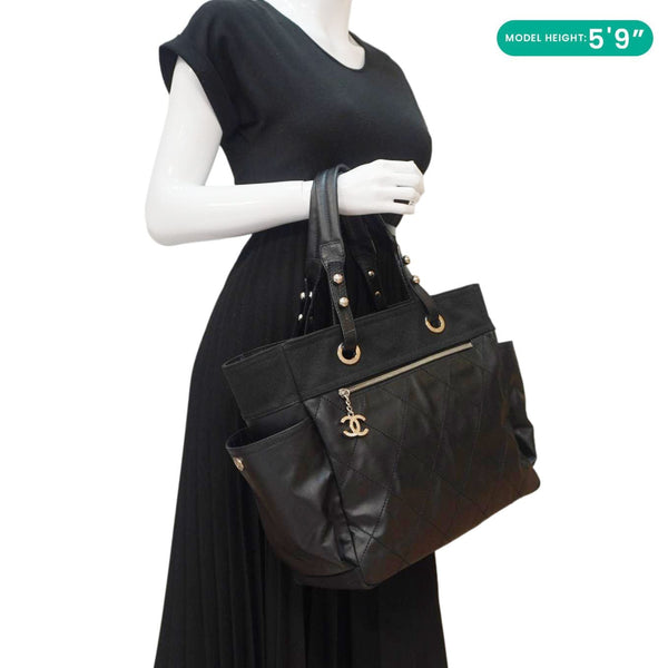 CHANEL Paris Biarritz Quilted Coated Canvas Grand Shopping Tote Bag Black
