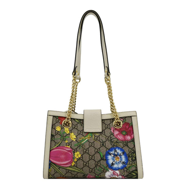 GUCCI Padlock Flora Small GG Supreme Canvas Shoulder Bag Beige 498156