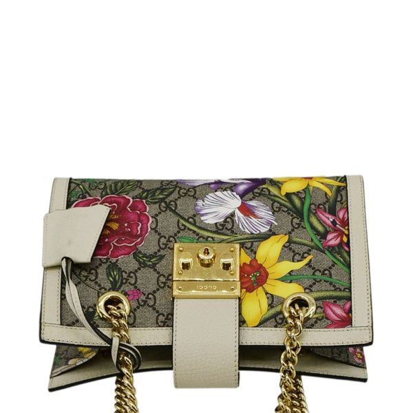 GUCCI Padlock Flora Small GG Supreme Canvas Shoulder Bag Beige 498156