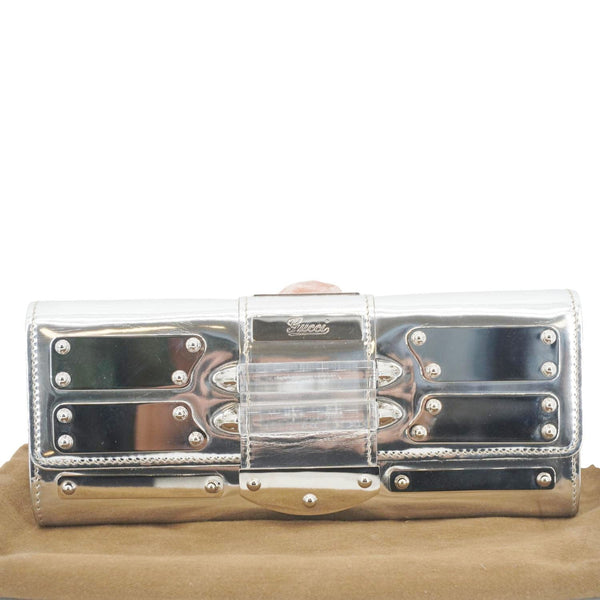 GUCCI Mirror Metallic Patent Leather Clutch Silver
