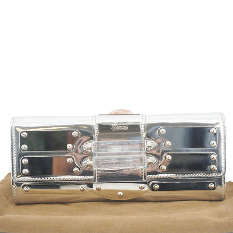 GUCCI Mirror Metallic Patent Leather Clutch Silver