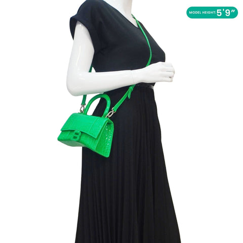 BALENCIAGA Hourglass Leather Tote Crossbody Bag Green