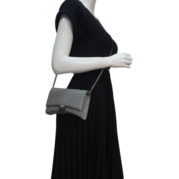 BALENCIAGA Hourglass Leather Chain Wallet Shoulder Bag Gray