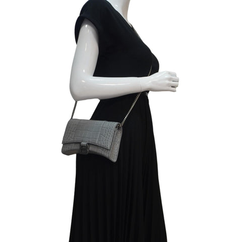 BALENCIAGA Hourglass Leather Chain Wallet Shoulder Bag Gray
