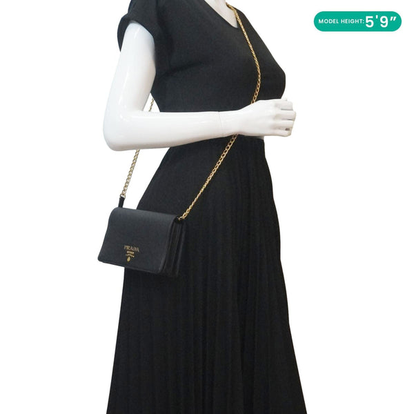 PRADA Saffiano Lux Chain Crossbody Bag Black