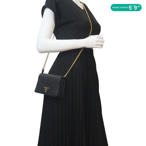 PRADA Saffiano Lux Chain Crossbody Bag Black