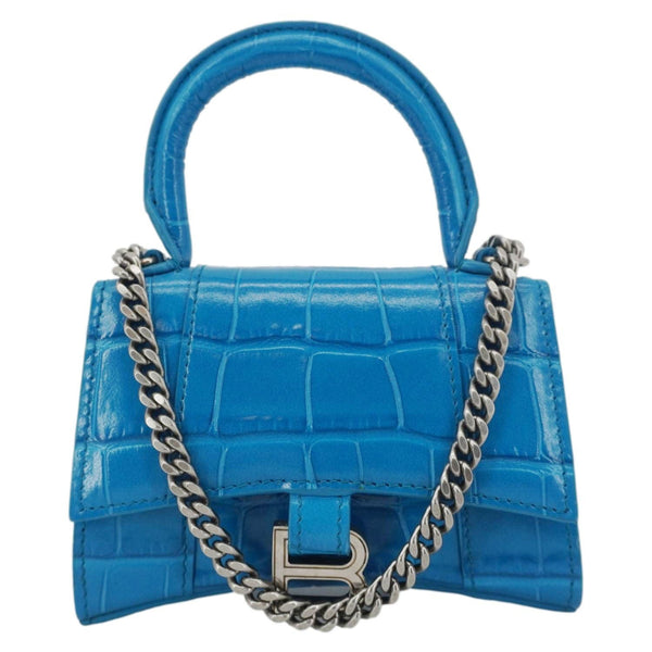 BALENCIAGA Hourglass Crocodile Embossed Top Handle Shoulder Bag Blue