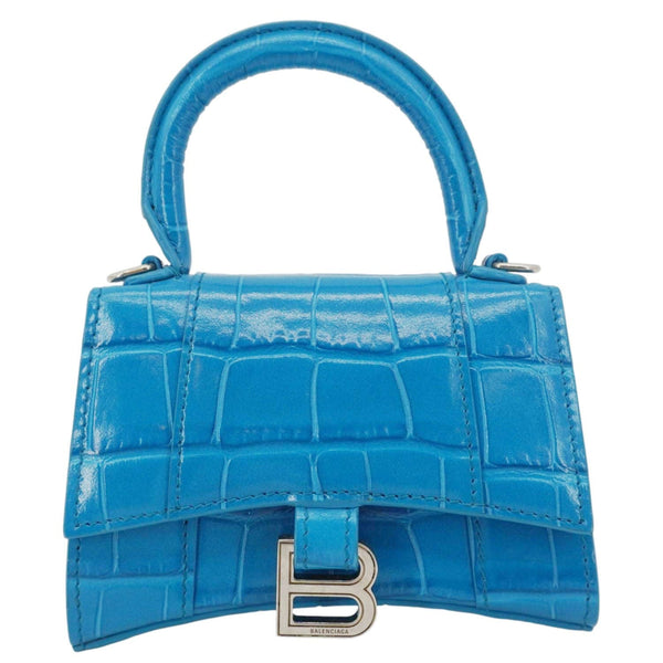 BALENCIAGA Hourglass Crocodile Embossed Top Handle Shoulder Bag Blue