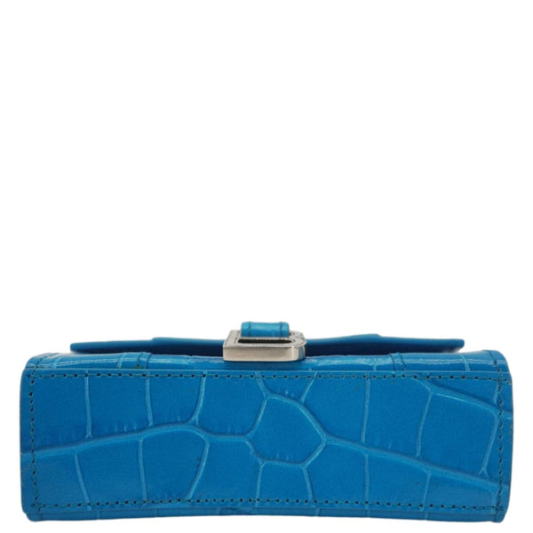 BALENCIAGA Hourglass Crocodile Embossed Top Handle Shoulder Bag Blue