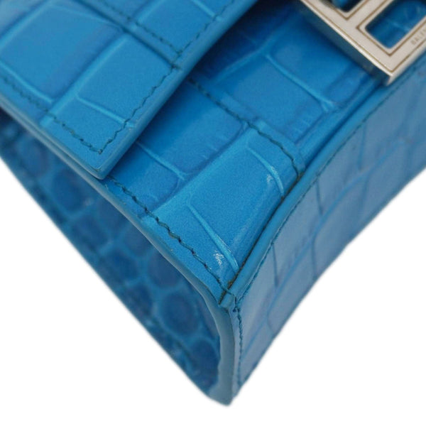 BALENCIAGA Hourglass Crocodile Embossed Top Handle Shoulder Bag Blue