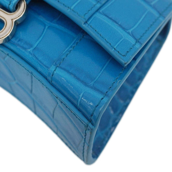 BALENCIAGA Hourglass Crocodile Embossed Top Handle Shoulder Bag Blue