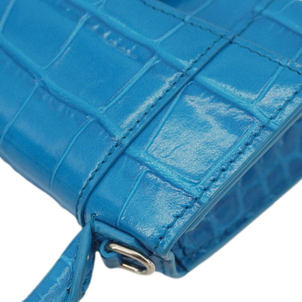 BALENCIAGA Hourglass Crocodile Embossed Top Handle Shoulder Bag Blue