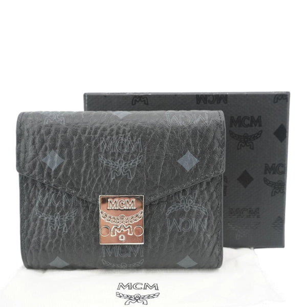 MCM Patricia Three Fold Visetos Monogram Canvas Wallet Black