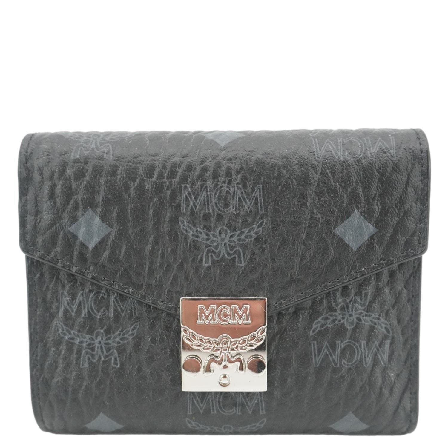 MCM Patricia Three Fold Visetos Monogram Canvas Wallet Black