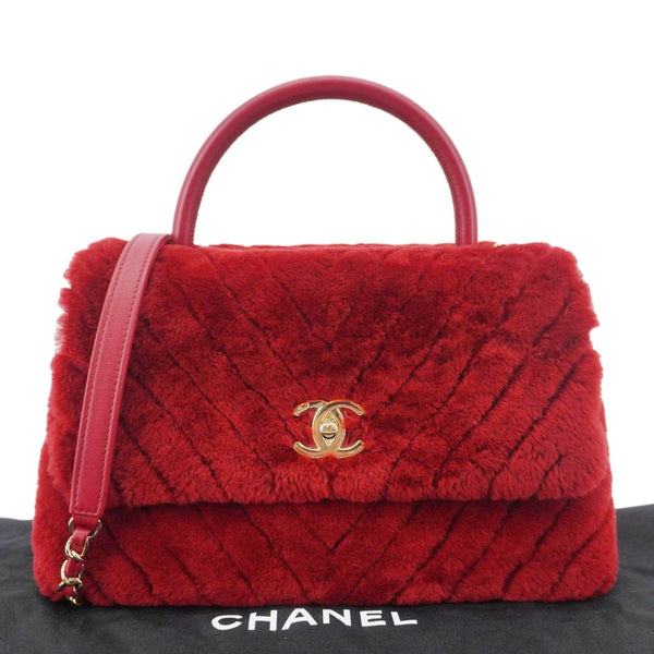 CHANEL Coco Handle Flap Shearling Chevron Shoulder Bag Red