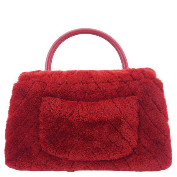 CHANEL Coco Handle Flap Shearling Chevron Shoulder Bag Red