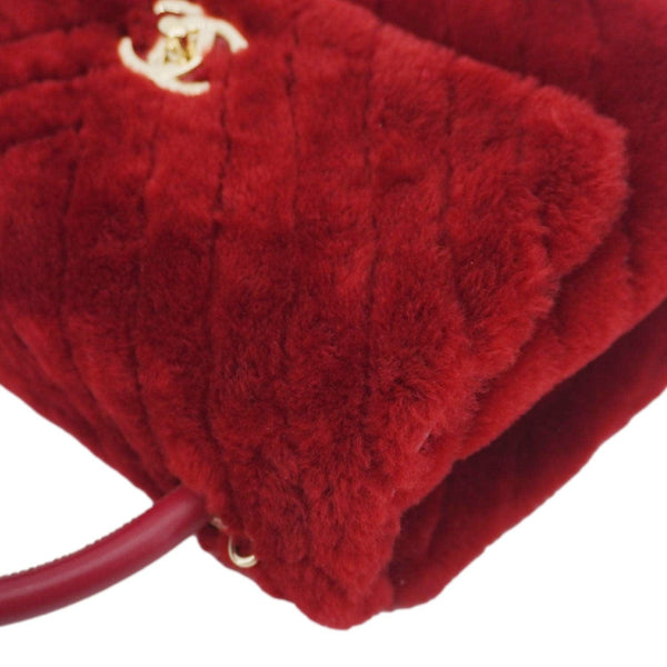 CHANEL Coco Handle Flap Shearling Chevron Shoulder Bag Red