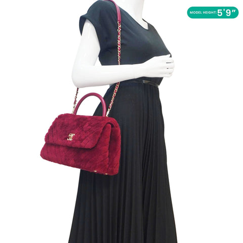 CHANEL Coco Handle Flap Shearling Chevron Shoulder Bag Red