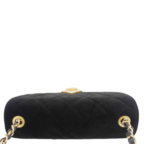 CHANEL Strass Diamond Lock Flap Velvet Shoulder Bag Black