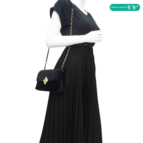 CHANEL Strass Diamond Lock Flap Velvet Shoulder Bag Black