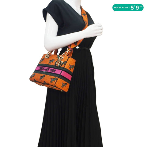 CHRISTIAN DIOR Lady Dior D-Lite Medium Dino Embroidered Shoulder Bag Orange