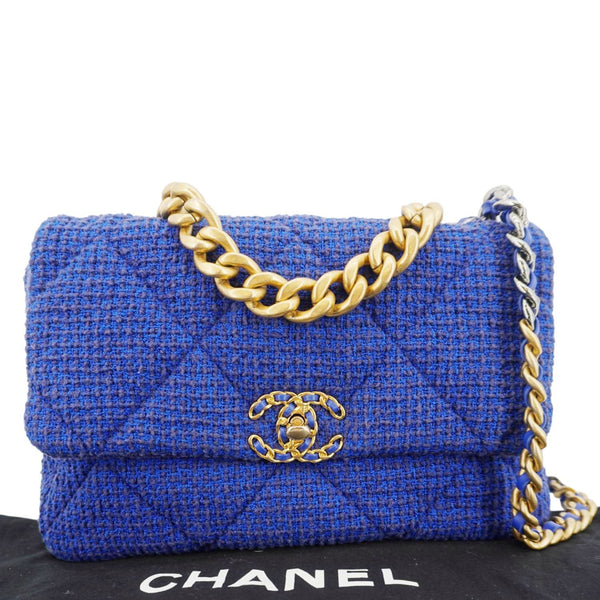 CHANEL 19 Flap Quilted Tweed Shoulder Bag Blue