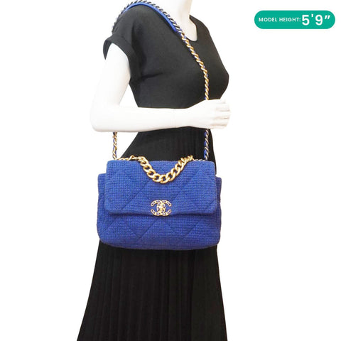 CHANEL 19 Flap Quilted Tweed Shoulder Bag Blue