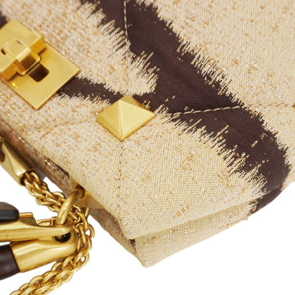 VALENTINO Roman Stud Vintage Tiger Print Top Handle Shoulder Bag Sand Gold