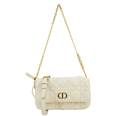 CHRISTIAN DIOR Caro Supple Cannage Calfskin Leather Chain Shoulder Bag Ivory