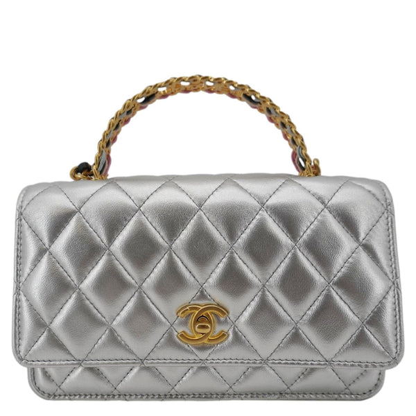 CHANEL Rainbow Woven WOC Calfskin Leather Top Handle Bag Metallic Silver