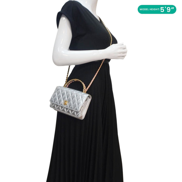 CHANEL Rainbow Woven WOC Calfskin Leather Top Handle Bag Metallic Silver