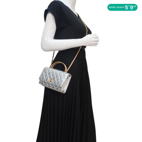 CHANEL Rainbow Woven WOC Calfskin Leather Top Handle Bag Metallic Silver