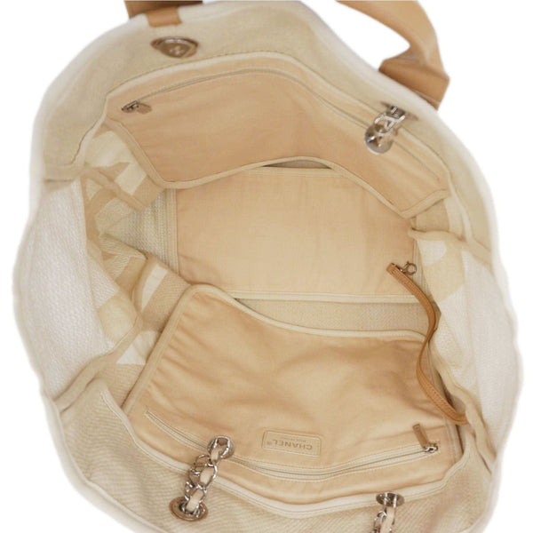 CHANEL Deauville Large Logo printed Canvas Tote Bag Cream