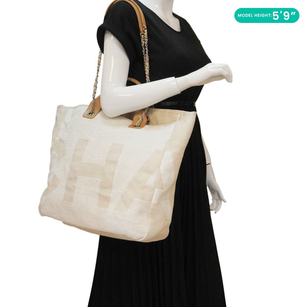 CHANEL Deauville Large Logo printed Canvas Tote Bag Cream