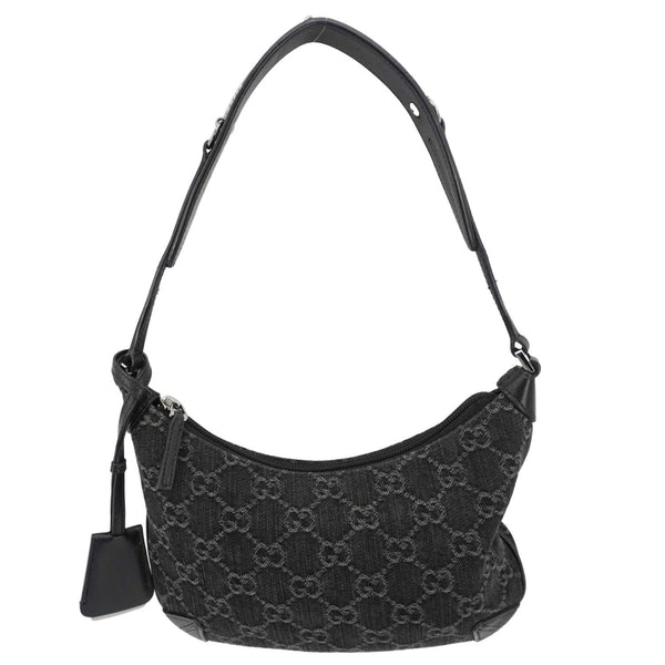 GUCCI Horsebit Slim Small GG Monogram Denim Hobo Shoulder Bag Black 774719