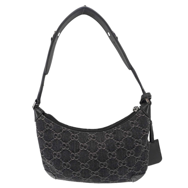 GUCCI Horsebit Slim Small GG Monogram Denim Hobo Shoulder Bag Black 774719