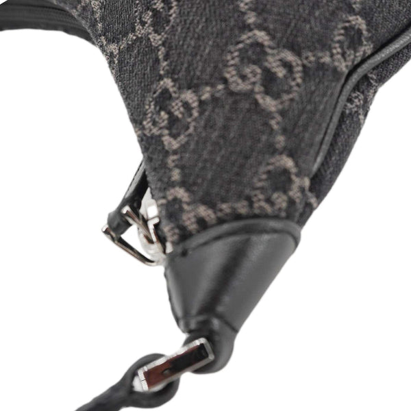 GUCCI Horsebit Slim Small GG Monogram Denim Hobo Shoulder Bag Black 774719