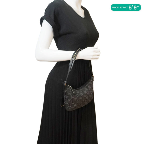 GUCCI Horsebit Slim Small GG Monogram Denim Hobo Shoulder Bag Black 774719